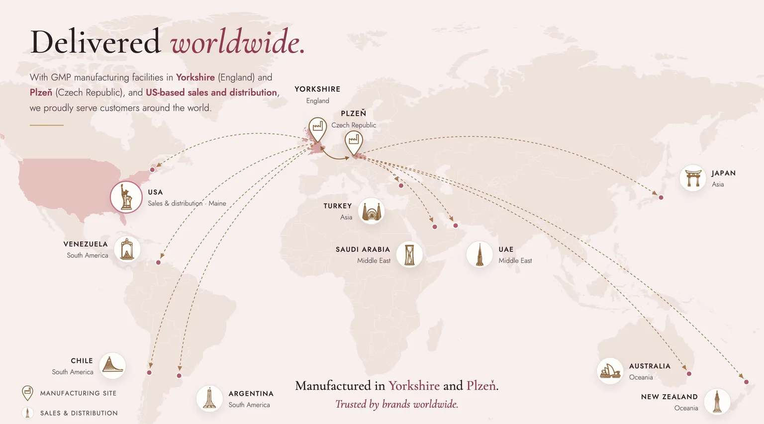 Map of Vision Meditech's routes from its manufacturing sites in Yorkshire (England) and Plzeň (Czech Republic) to customers worldwide, with US sales and distribution based in Maine, and customers in South America, the Middle East, Japan, Australia and New Zealand